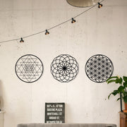 Yaşam Çiçeği 3lü Takım Dekoratif Metal Tablo - Sri Yantra - Kutsal Geometri - Makebah